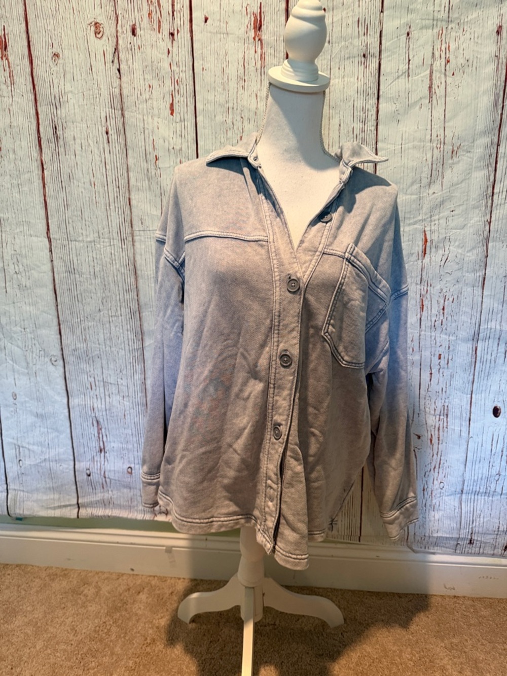 American Eagle Outfitters Light Gray Washed Button-Up Shirt Jacket